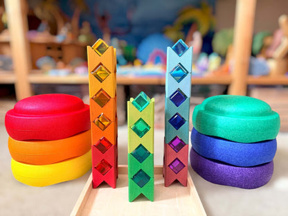 16-Piece Wooden Geometric Construction Puzzle - Building Block Set with Storage Tray – Rainbow Stained or Natural