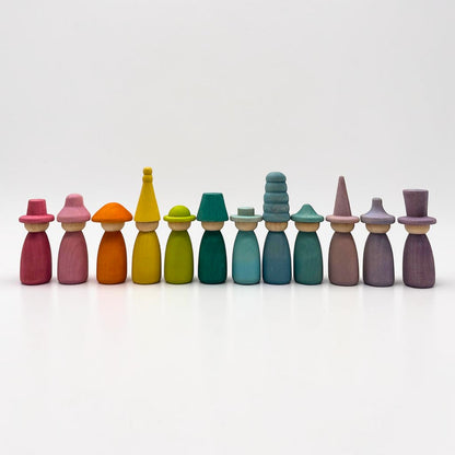 12 Piece Stained Wooden Peg Dolls with Interchangeable Hats