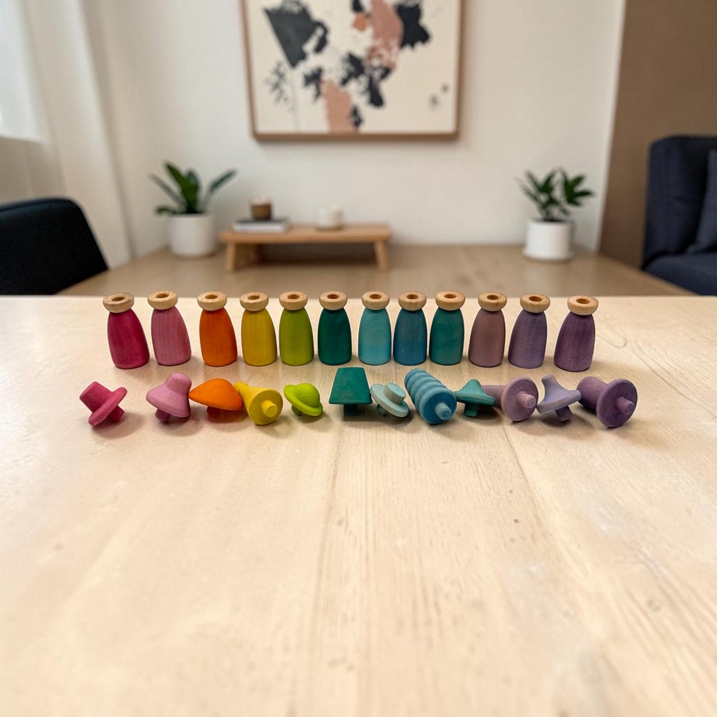 12 piece stained wooden peg dolls with interchangeable hats