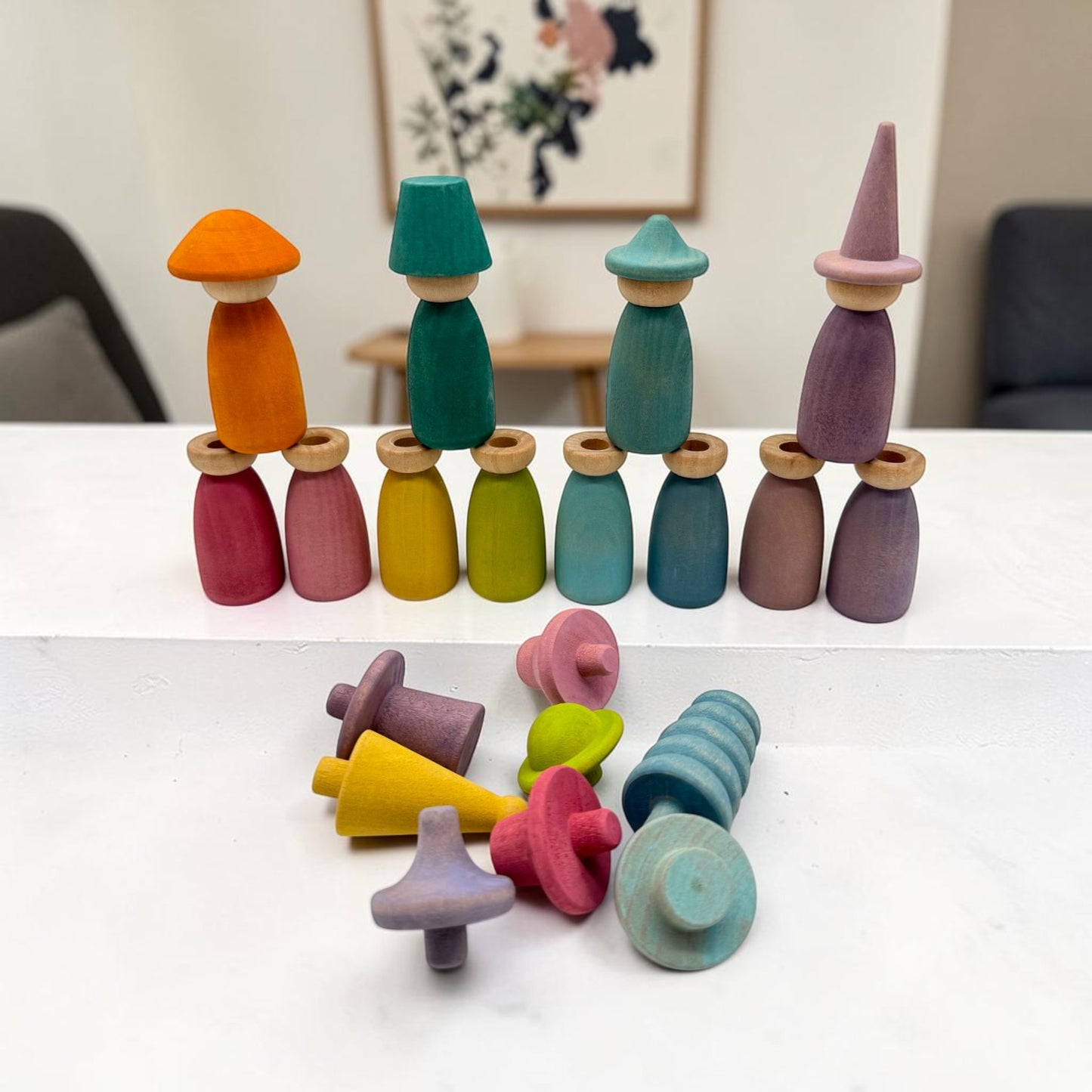 12 piece stained wooden peg dolls with interchangeable hats