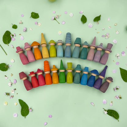 12 Piece Stained Wooden Peg Dolls with Interchangeable Hats