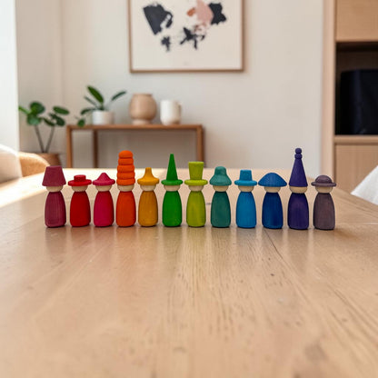 12 Piece Stained Wooden Peg Dolls with Interchangeable Hats