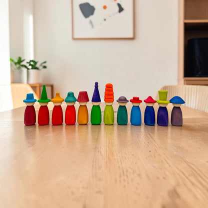 12 Piece Stained Wooden Peg Dolls with Interchangeable Hats