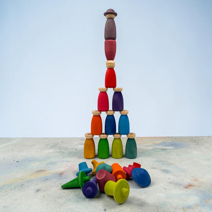 12 Piece Stained Wooden Peg Dolls with Interchangeable Hats