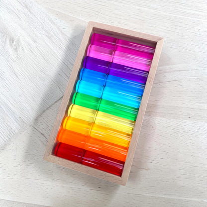 20 PCS Crystal-Clear Acrylic Rainbow Cylinders with Wooden Tray