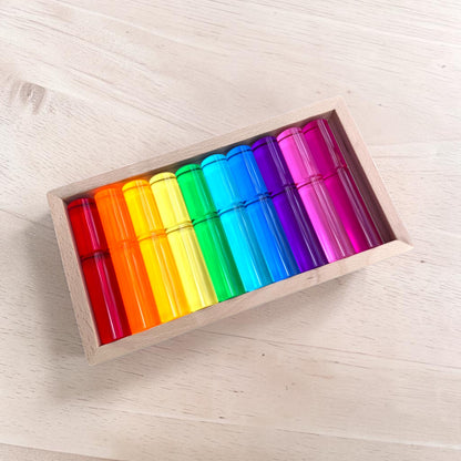 20 PCS Crystal-Clear Acrylic Rainbow Cylinders with Wooden Tray