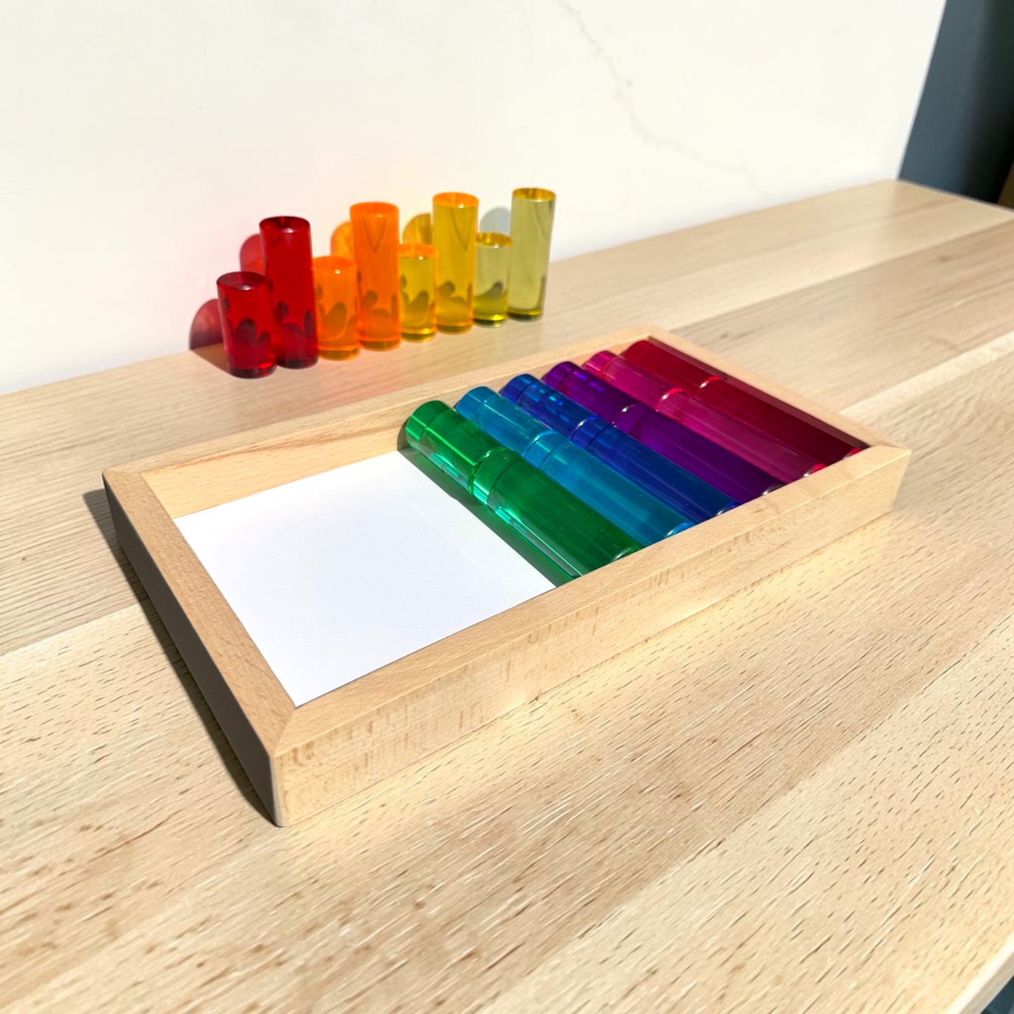 20 pcs crystal-clear acrylic rainbow cylinders with wooden tray