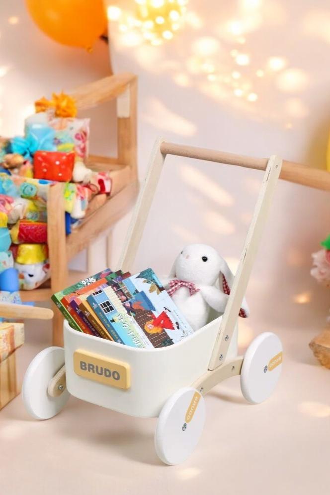 2-in-1 wooden toddler learning walker with toy storage bin