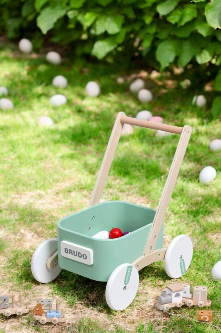 2-in-1 wooden toddler learning walker with toy storage bin