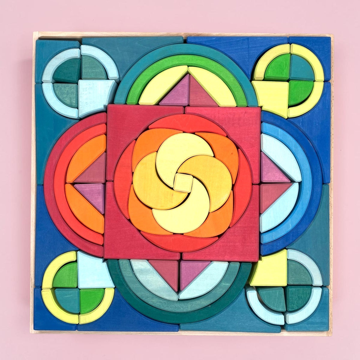 rainbow mandala stained basswood building blocks – 81-piece geometric building set with wooden tray
