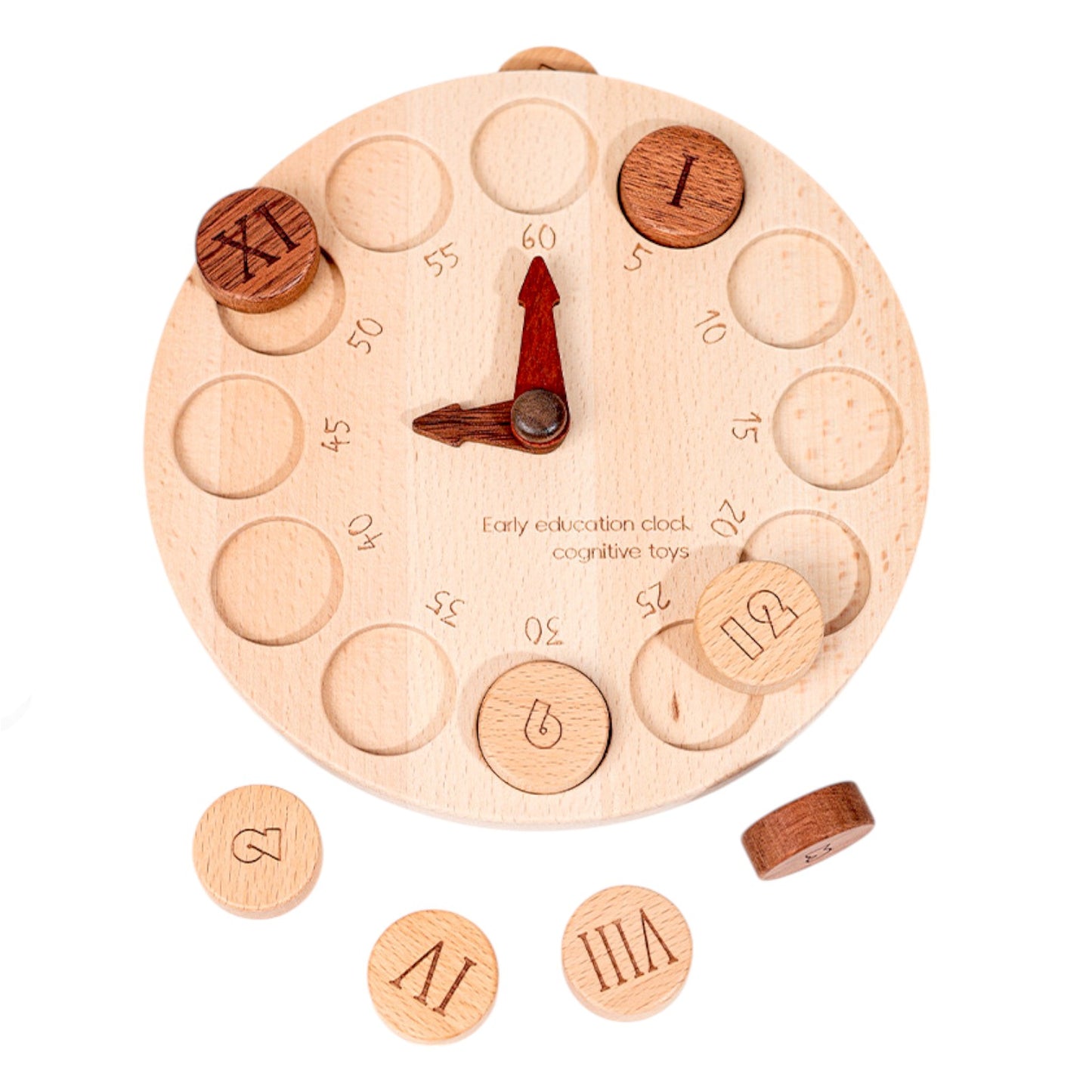 wooden cognitive learning clock – dual-sided time recognition toy with roman and arabic numerals