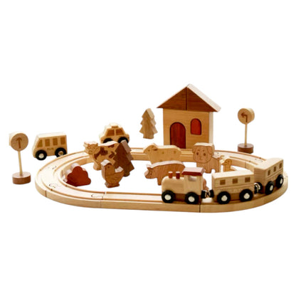 Wooden Farm Train Track Play Set – 32-Piece Natural Solid Wood Toy