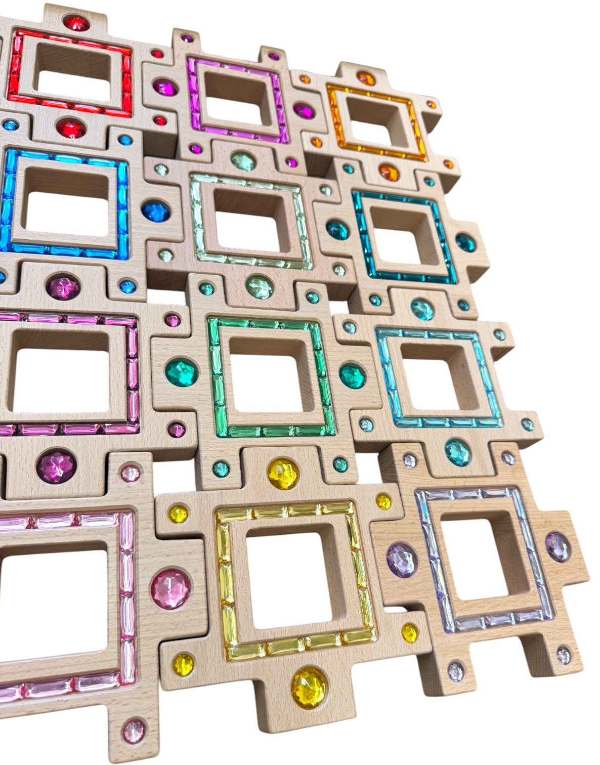 **pre-order (ships in 2-3 weeks)**wooden gemlight window blocks – 16-piece colorful open-ended play set with storage box