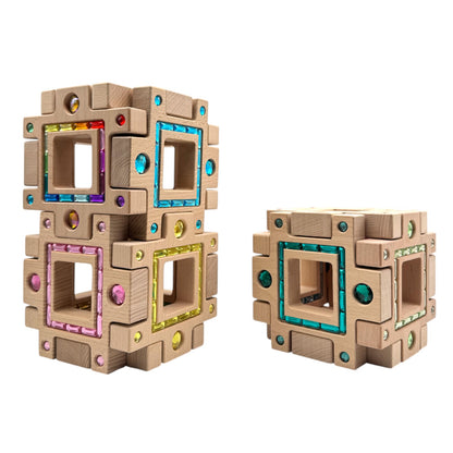 **Pre-order (Ships in 2-3 Weeks)**Wooden Gemlight Window Blocks – 16-Piece Colorful Open-Ended Play Set with Storage Box