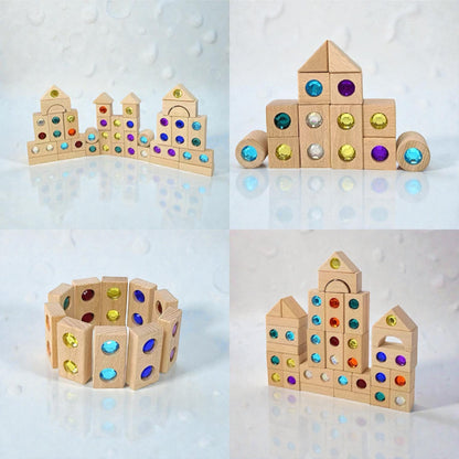128 Piece Solid Beech Wood Gemstone Building Block Set with Wooden Storage Box and Lid Open Ended Construction