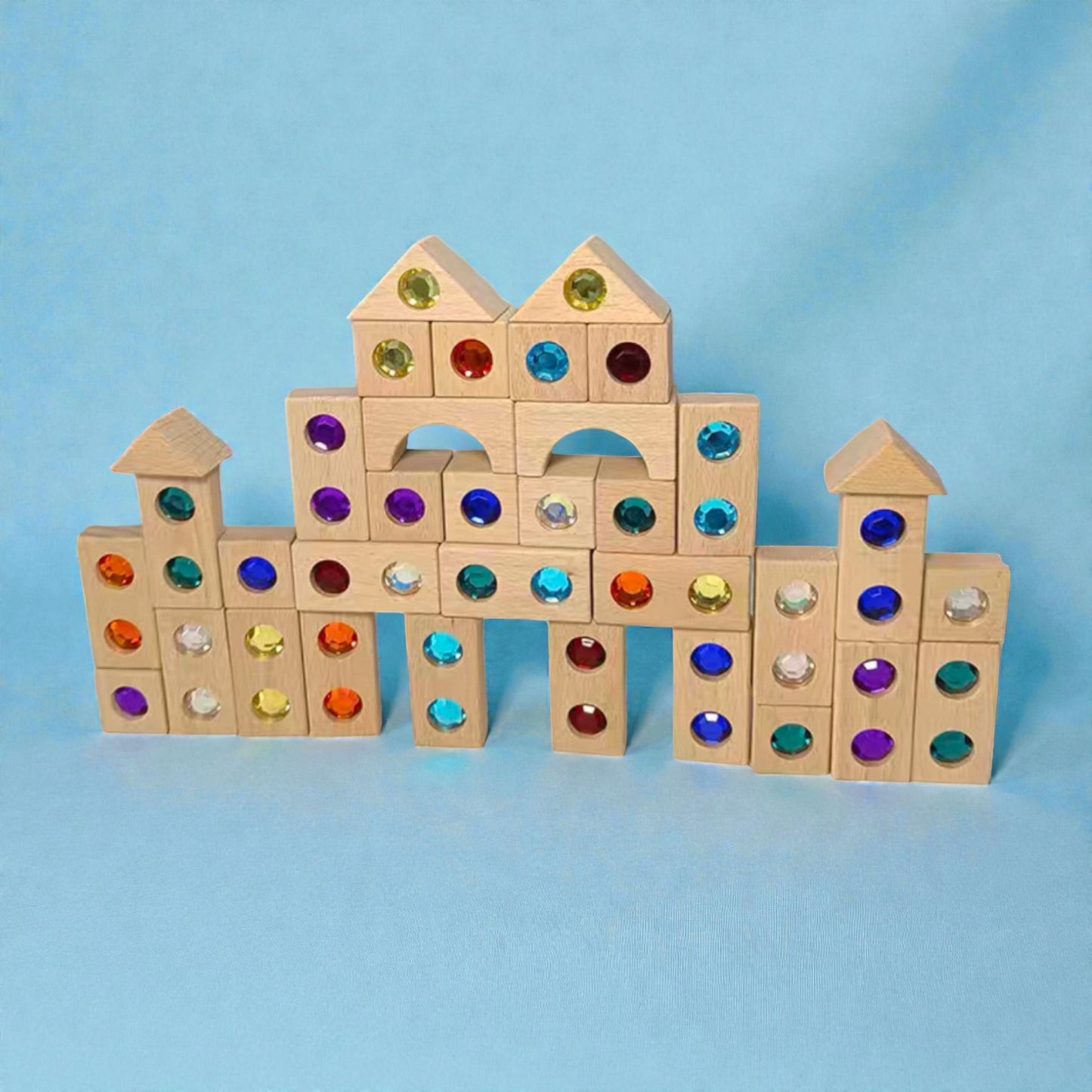 128 piece solid beech wood gemstone building block set with wooden storage box and lid open ended construction