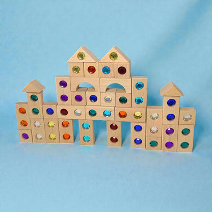 128 Piece Solid Beech Wood Gemstone Building Block Set with Wooden Storage Box and Lid Open Ended Construction