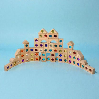 128 Piece Solid Beech Wood Gemstone Building Block Set with Wooden Storage Box and Lid Open Ended Construction