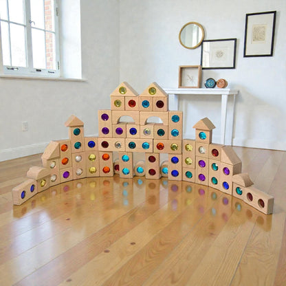 128 Piece Solid Beech Wood Gemstone Building Block Set with Wooden Storage Box and Lid Open Ended Construction