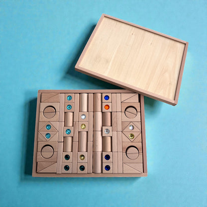 128 Piece Solid Beech Wood Gemstone Building Block Set with Wooden Storage Box and Lid Open Ended Construction