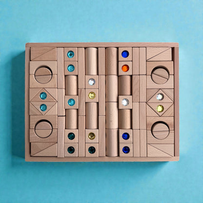 128 Piece Solid Beech Wood Gemstone Building Block Set with Wooden Storage Box and Lid Open Ended Construction
