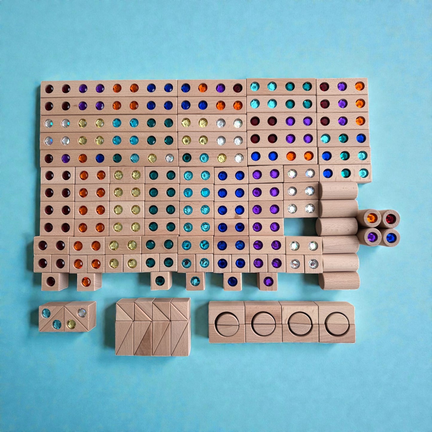 128 piece solid beech wood gemstone building block set with wooden storage box and lid open ended construction