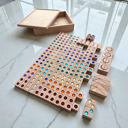 128 Piece Solid Beech Wood Gemstone Building Block Set with Wooden Storage Box and Lid Open Ended Construction