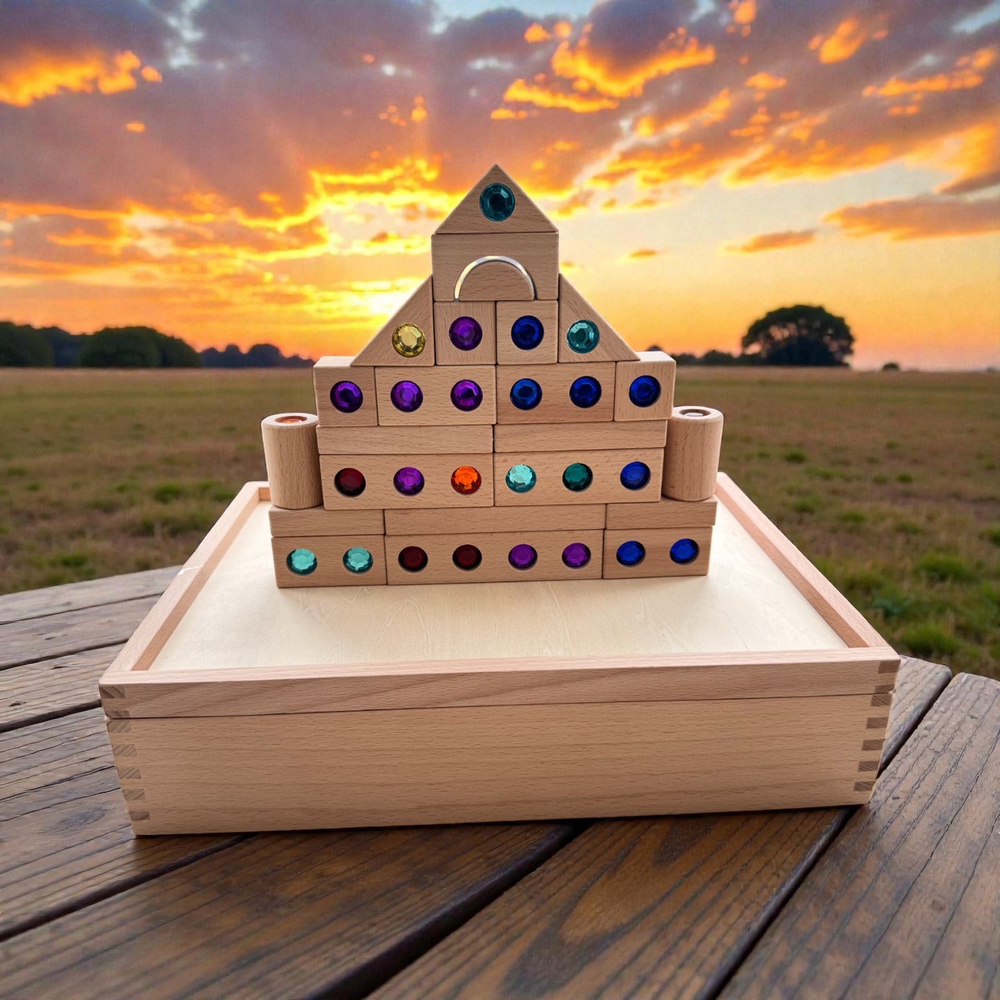 128 piece solid beech wood gemstone building block set with wooden storage box and lid open ended construction