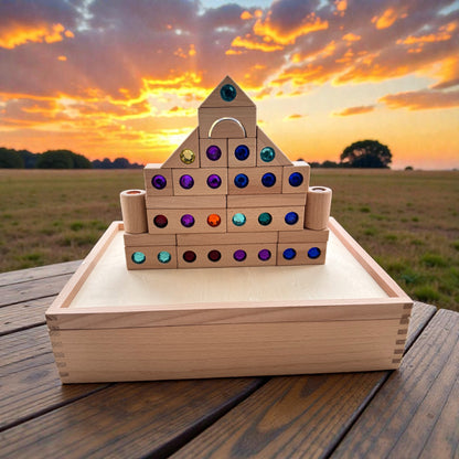 128 Piece Solid Beech Wood Gemstone Building Block Set with Wooden Storage Box and Lid Open Ended Construction