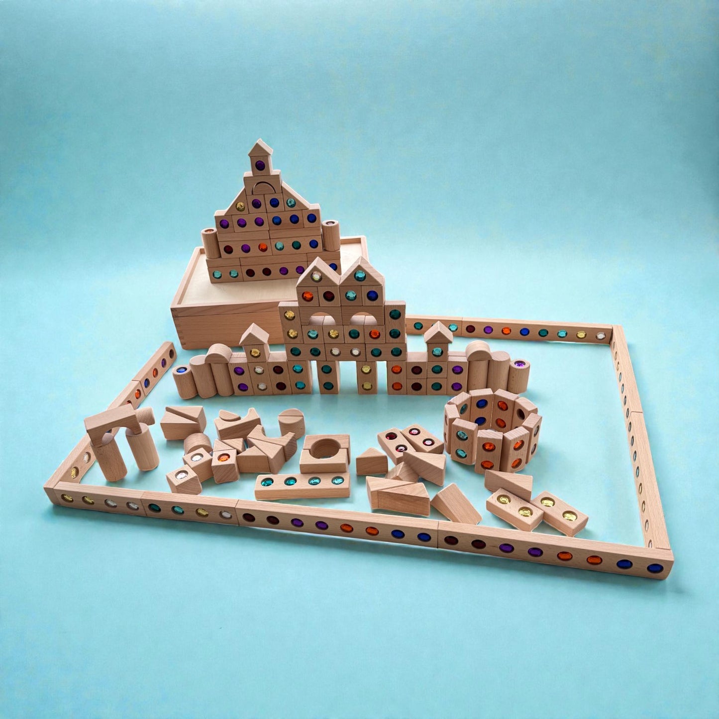 128 piece solid beech wood gemstone building block set with wooden storage box and lid open ended construction