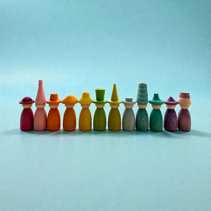 12 Piece Pastel Macaron Wooden Peg Dolls with Interchangeable Hats Open Ended Play Figures