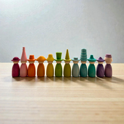 12 Piece Pastel Macaron Wooden Peg Dolls with Interchangeable Hats Open Ended Play Figures
