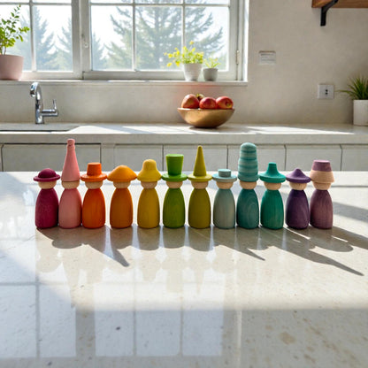 12 Piece Pastel Macaron Wooden Peg Dolls with Interchangeable Hats Open Ended Play Figures