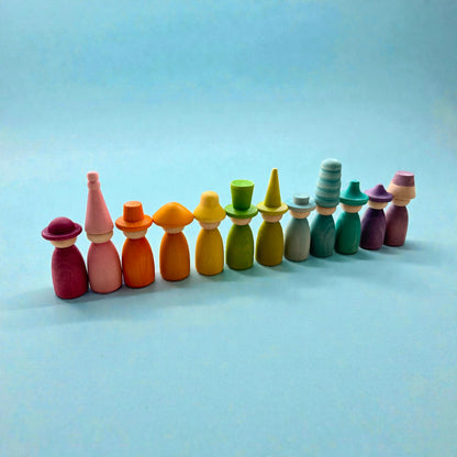 12 Piece Pastel Macaron Wooden Peg Dolls with Interchangeable Hats Open Ended Play Figures
