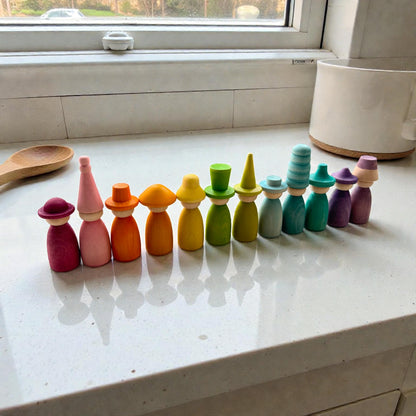 12 Piece Pastel Macaron Wooden Peg Dolls with Interchangeable Hats Open Ended Play Figures