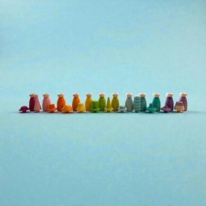 12 Piece Pastel Macaron Wooden Peg Dolls with Interchangeable Hats Open Ended Play Figures