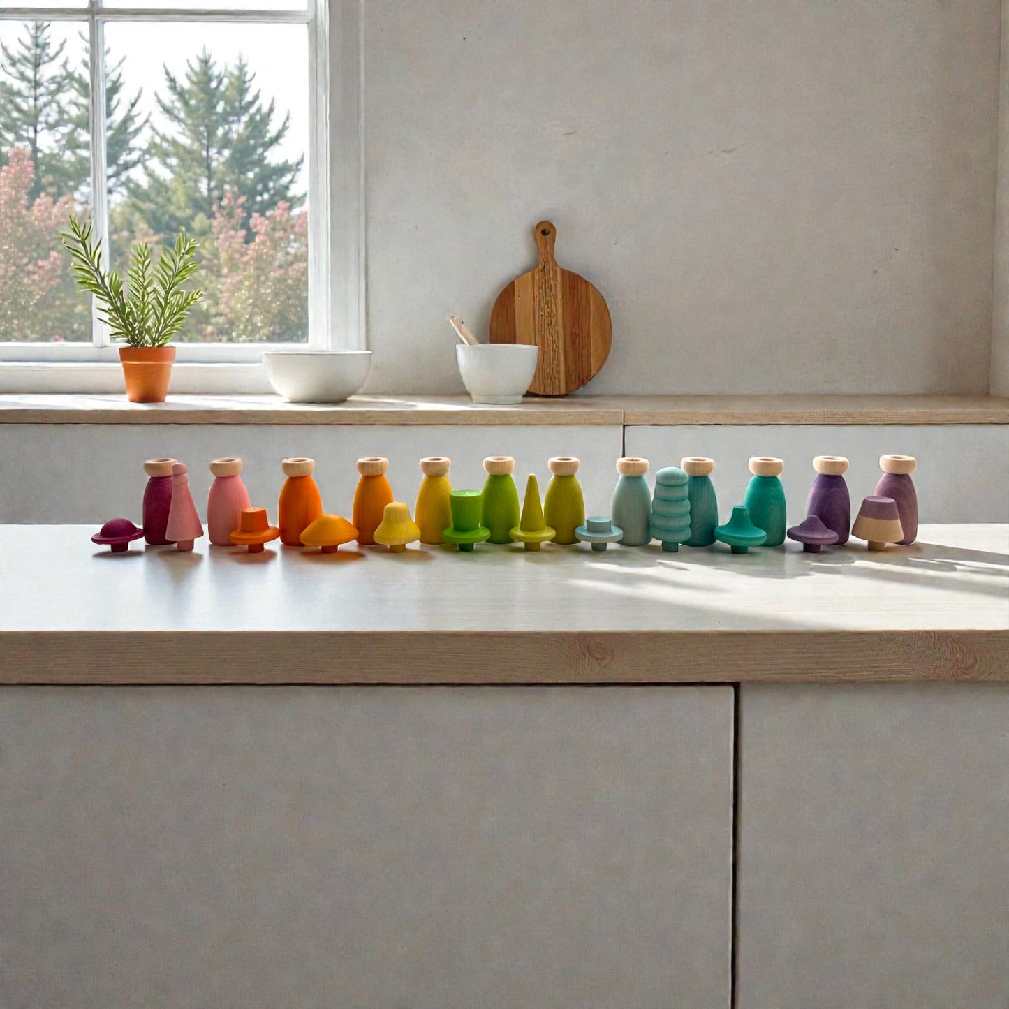 12 piece pastel macaron wooden peg dolls with interchangeable hats open ended play figures