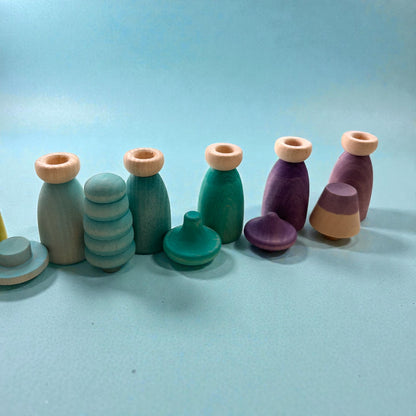 12 Piece Pastel Macaron Wooden Peg Dolls with Interchangeable Hats Open Ended Play Figures