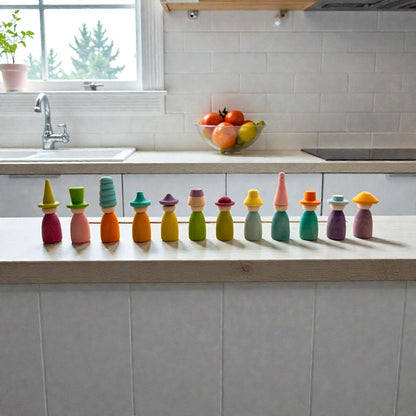 12 Piece Pastel Macaron Wooden Peg Dolls with Interchangeable Hats Open Ended Play Figures