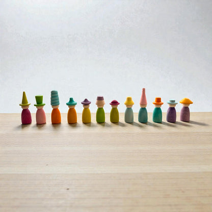 12 Piece Pastel Macaron Wooden Peg Dolls with Interchangeable Hats Open Ended Play Figures