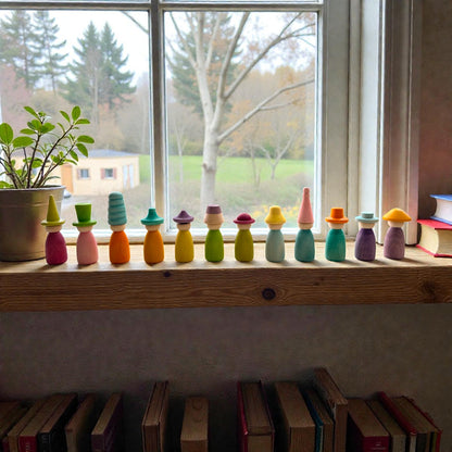 12 Piece Pastel Macaron Wooden Peg Dolls with Interchangeable Hats Open Ended Play Figures