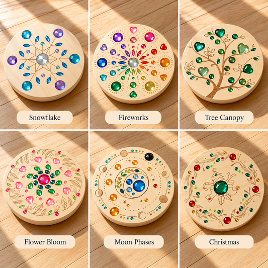 Large Gemmed Wooden Spinner Board – Acrylic Crystal Sensory Toy | 6 Designs