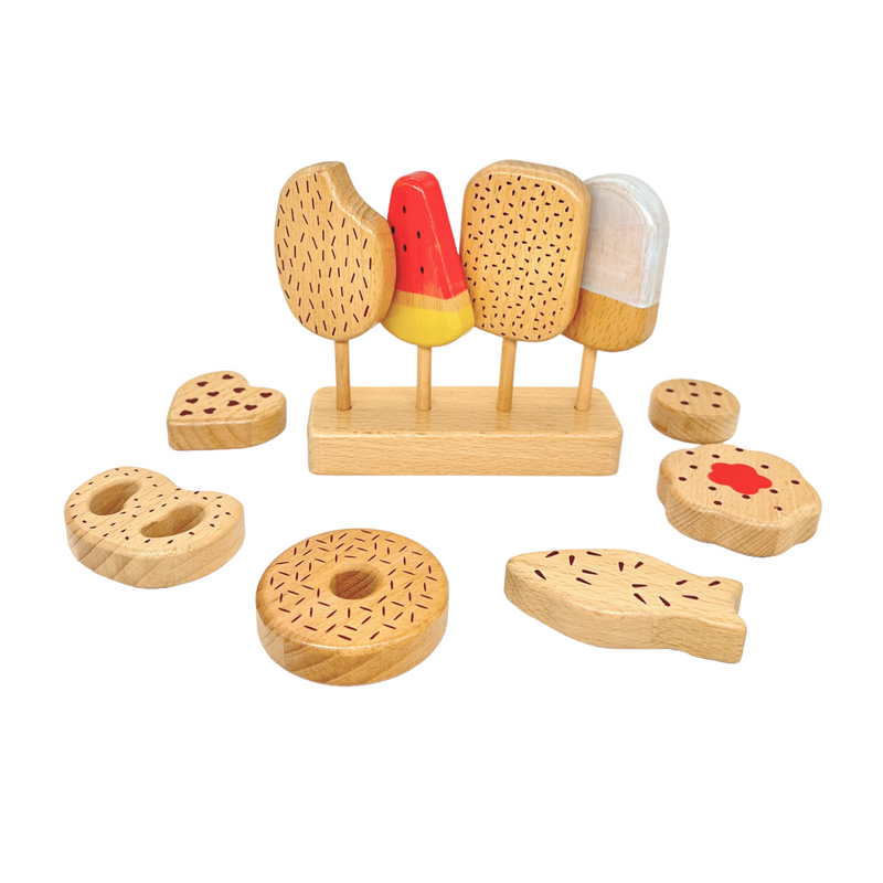 10 Pcs Wooden Popsicle Ice Cream Bar and Pastry Cookies Pretend Play Set