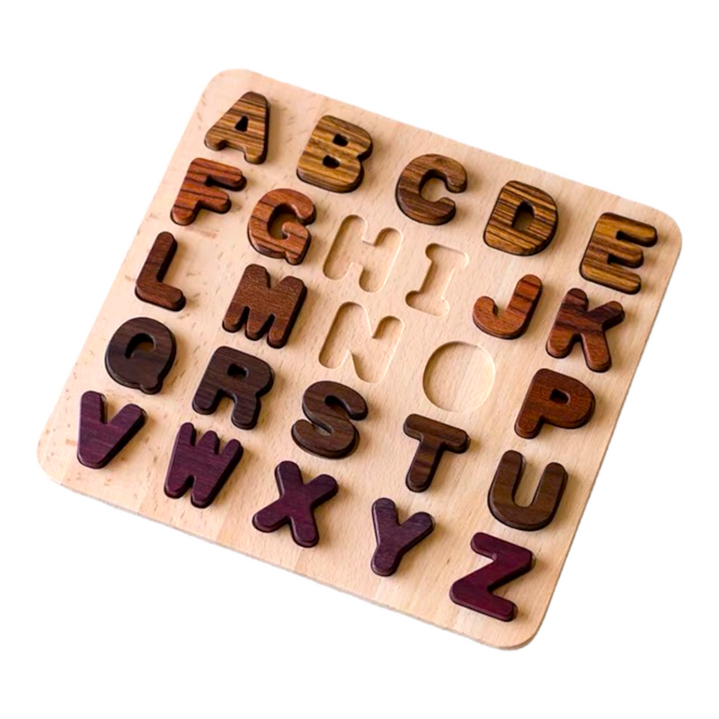 Puzzled Letters Natural Wooden Alphabet Letters and Numbers Puzzle – Green Elephant ...