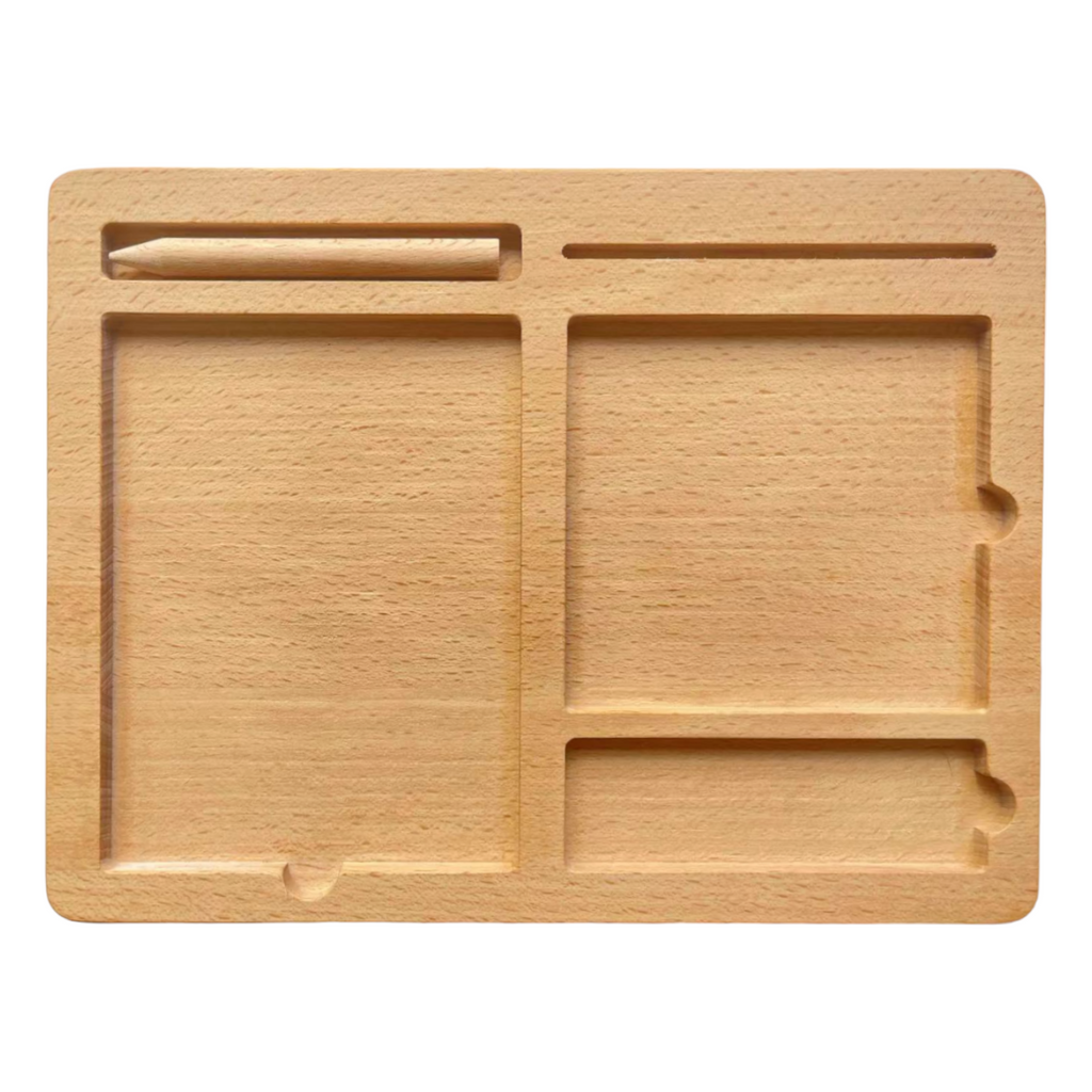 Wooden 3-part educational activity/sand tray with card slot and pen