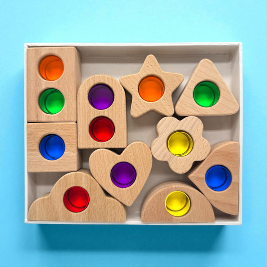 Wooden Shapes with Removable Crystal Windows – 10 Blocks + 12 Rainbow Acrylic Inserts