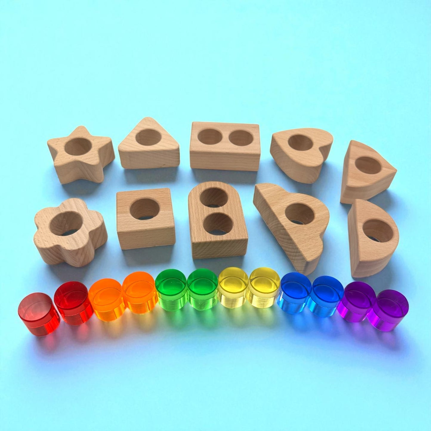 wooden shapes with removable crystal windows – 10 blocks + 12 rainbow acrylic inserts