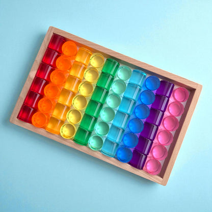 **Pre-order (Ships in 2-3 Weeks)**60 Pcs Crystal-Clear Acrylic Rainbow Cylinders with Wooden Tray