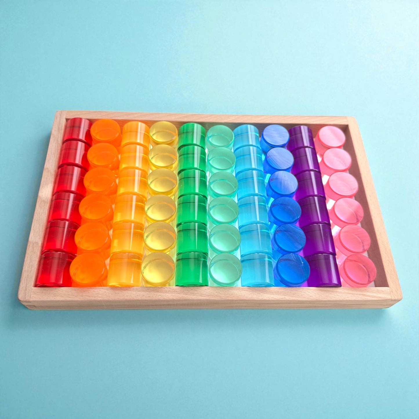 **pre-order (ships in 2-3 weeks)**60 pcs crystal-clear acrylic rainbow cylinders with wooden tray