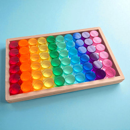 **Pre-order (Ships in 2-3 Weeks)**60 Pcs Crystal-Clear Acrylic Rainbow Cylinders with Wooden Tray